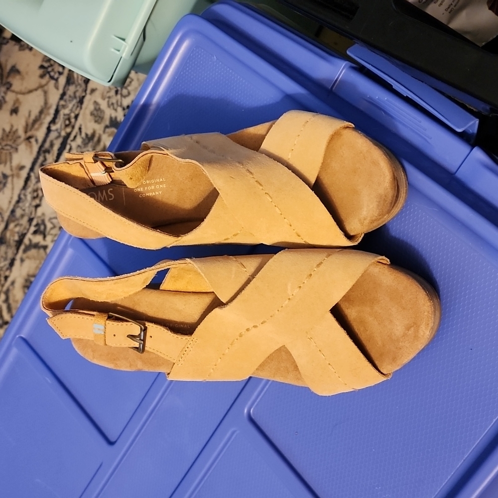 Suede Tom's stacked heels